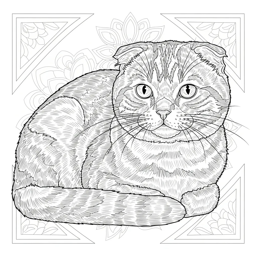 adult coloring page of a scottish fold cat