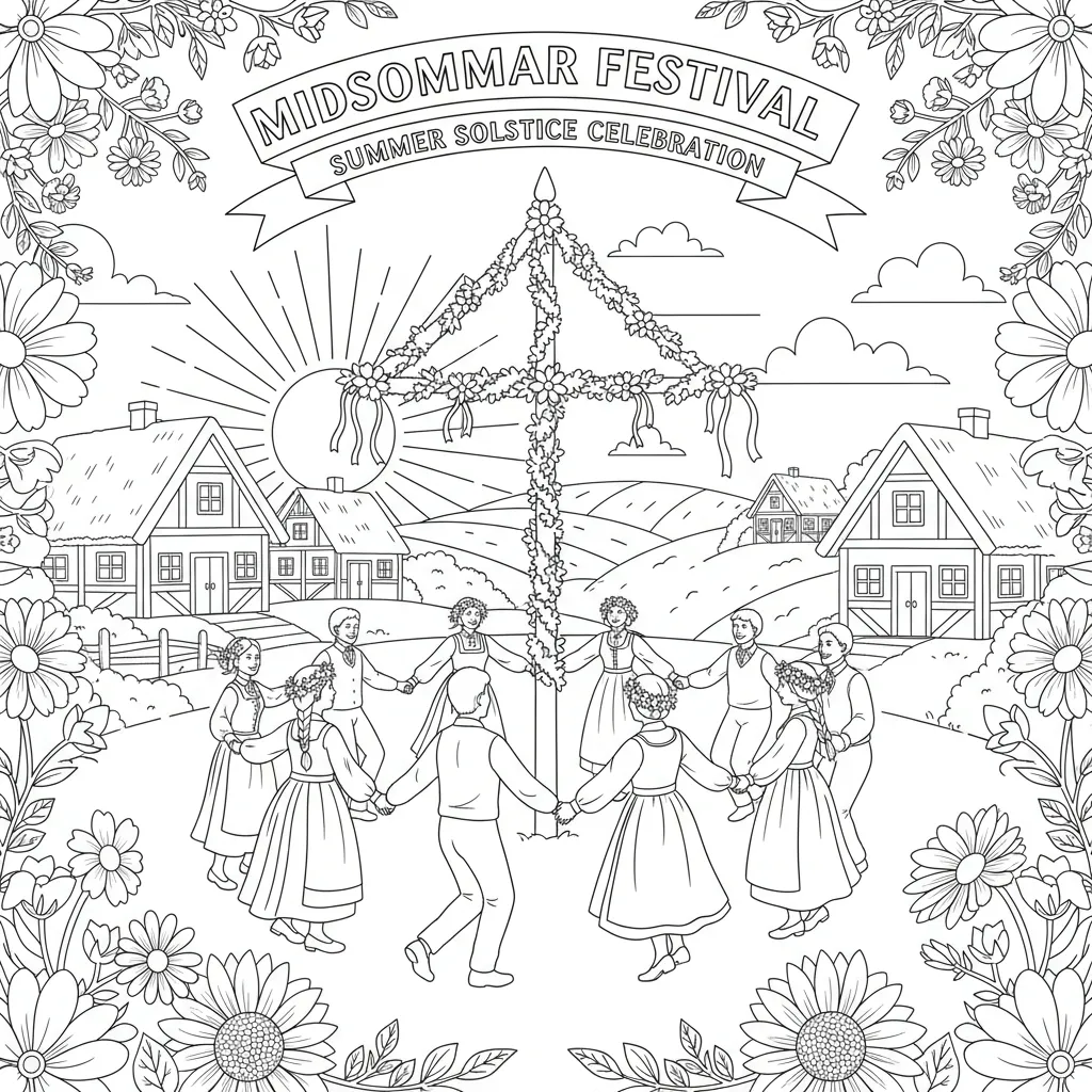 summer coloring page for adults featuring a midsommar celebration scene