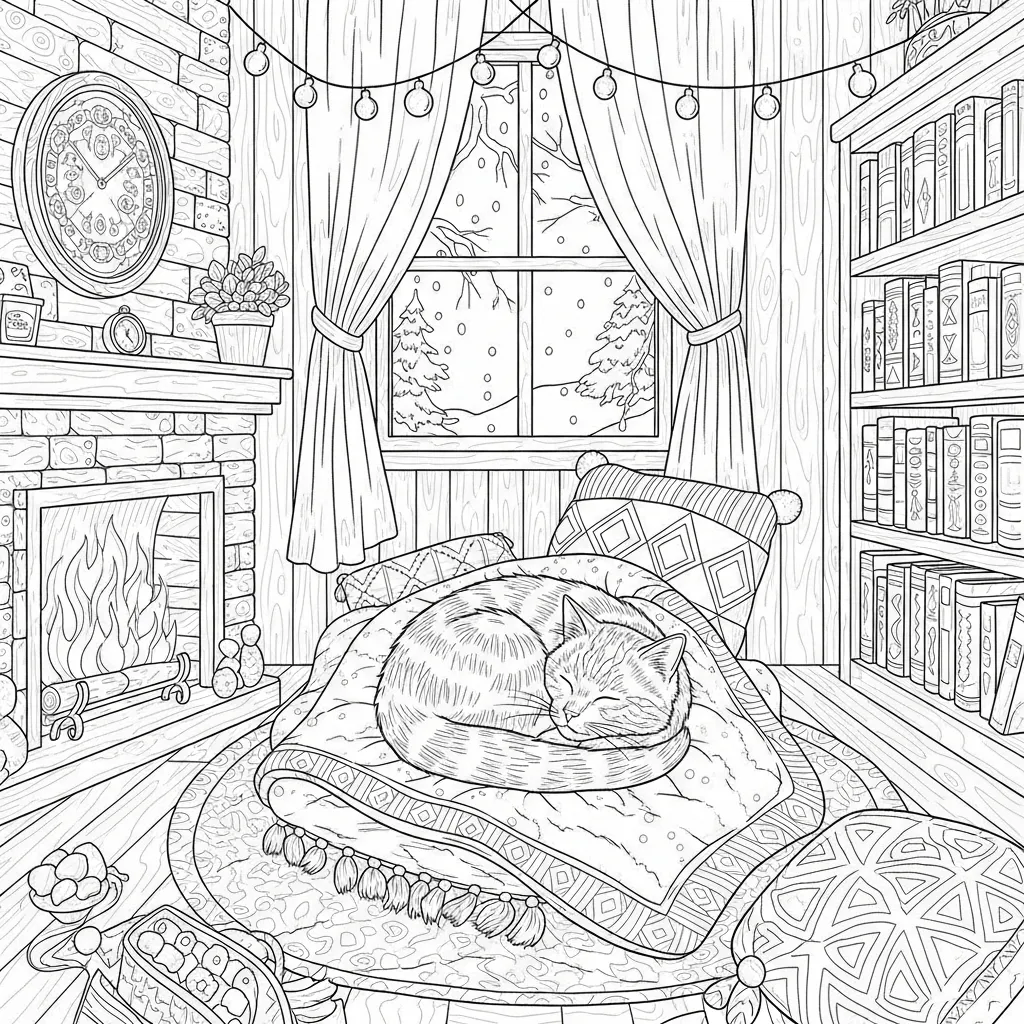 adult coloring page of a cat snugled in a cozy parlor