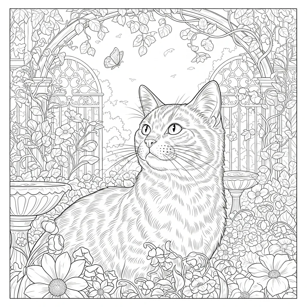 adult coloring page of cat in a garden