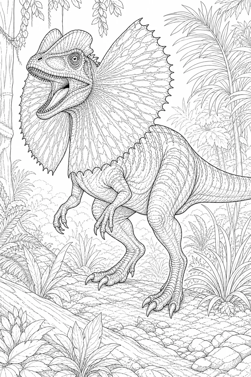 coloring page for adults of a realistic Dilophosaurus