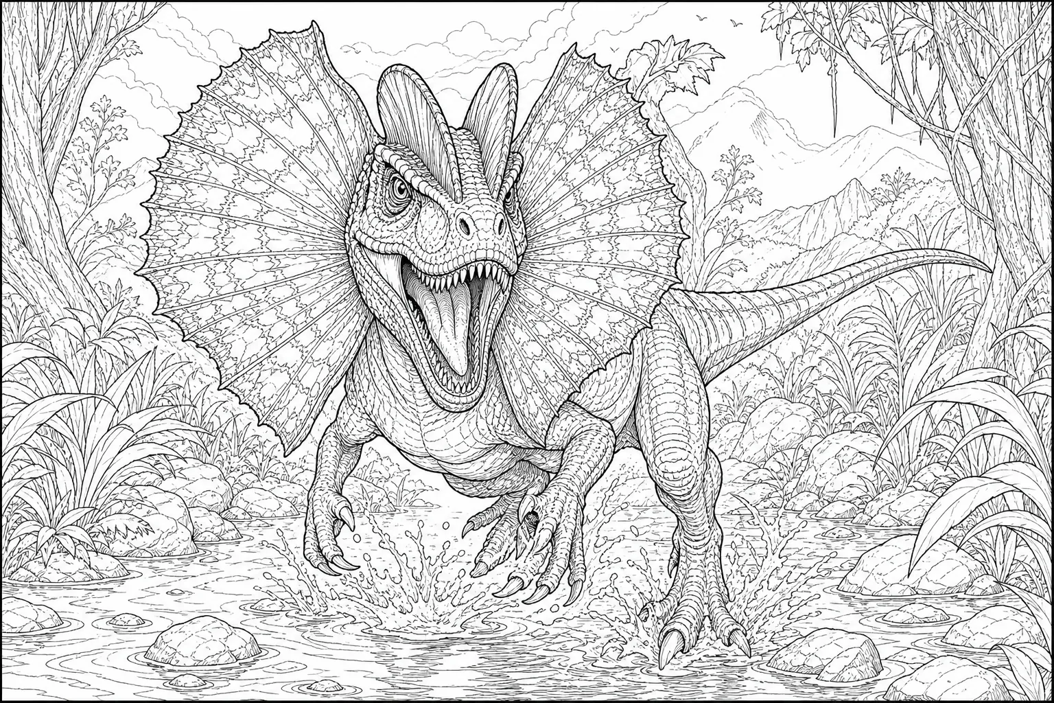 coloring page for adults of a realistic Dilophosaurus
