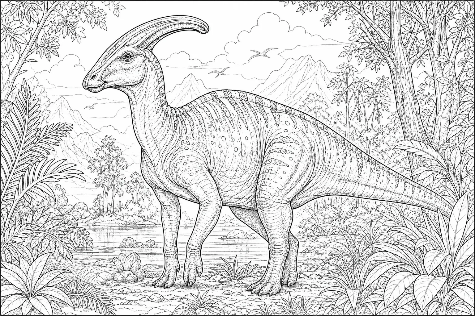 coloring page for adults of a realistic Parasaurolophus