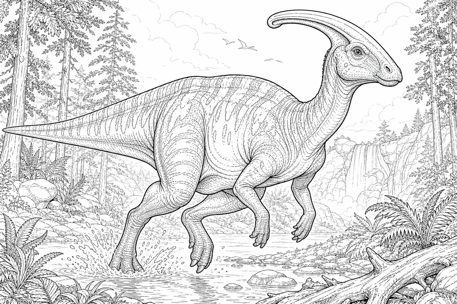 coloring page for adults of a realistic Parasaurolophus