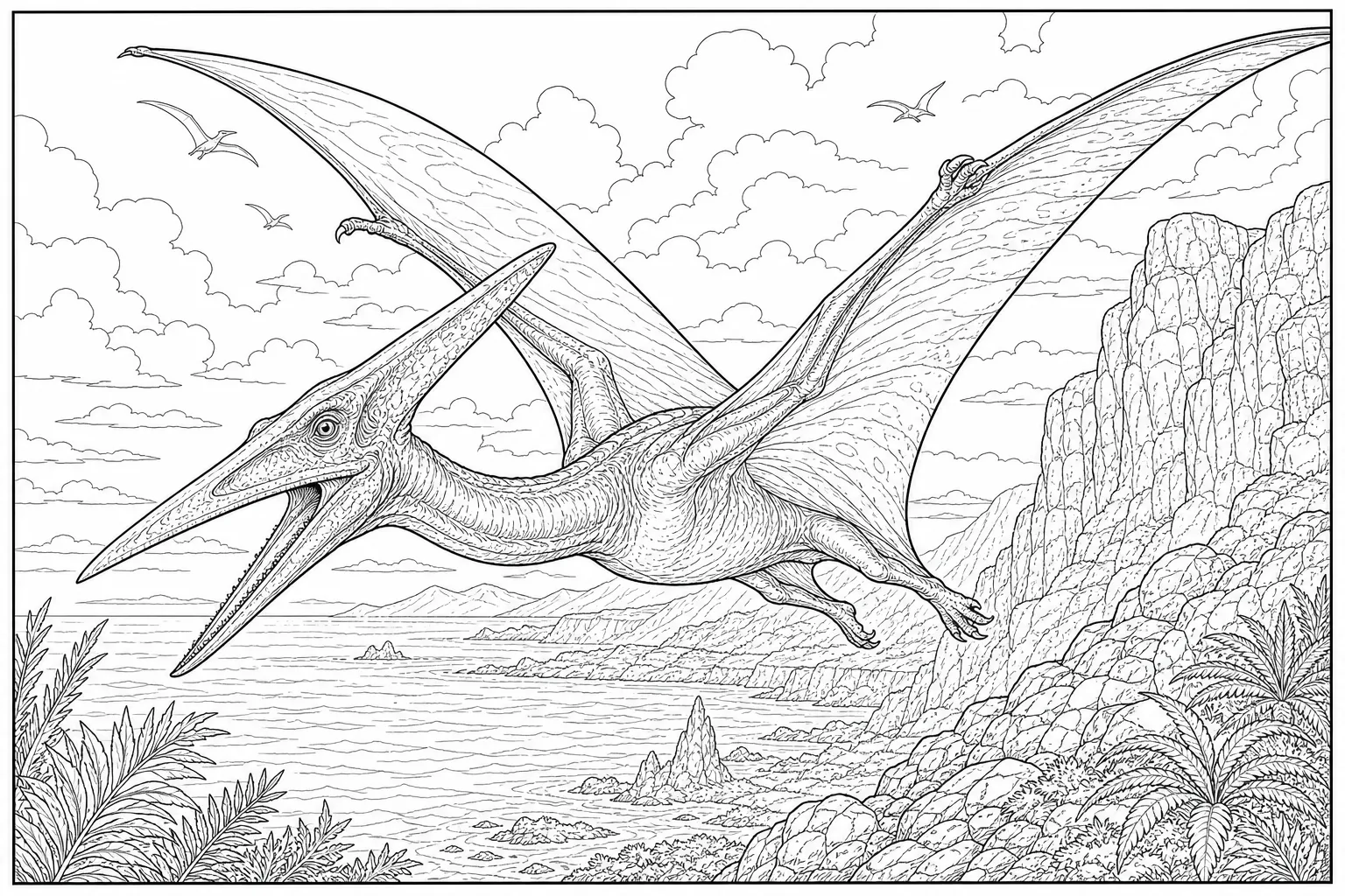 coloring page for adults of a realistic Pterodactyl