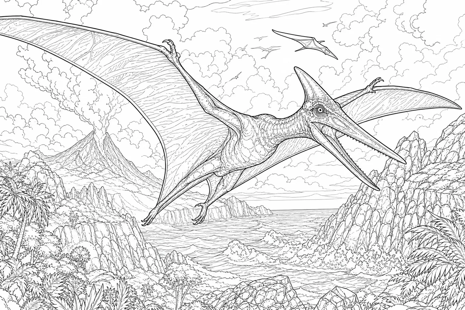 coloring page for adults of a realistic Pterodactyl