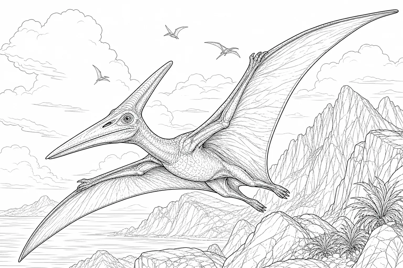 coloring page for adults of a realistic Pterodactyl