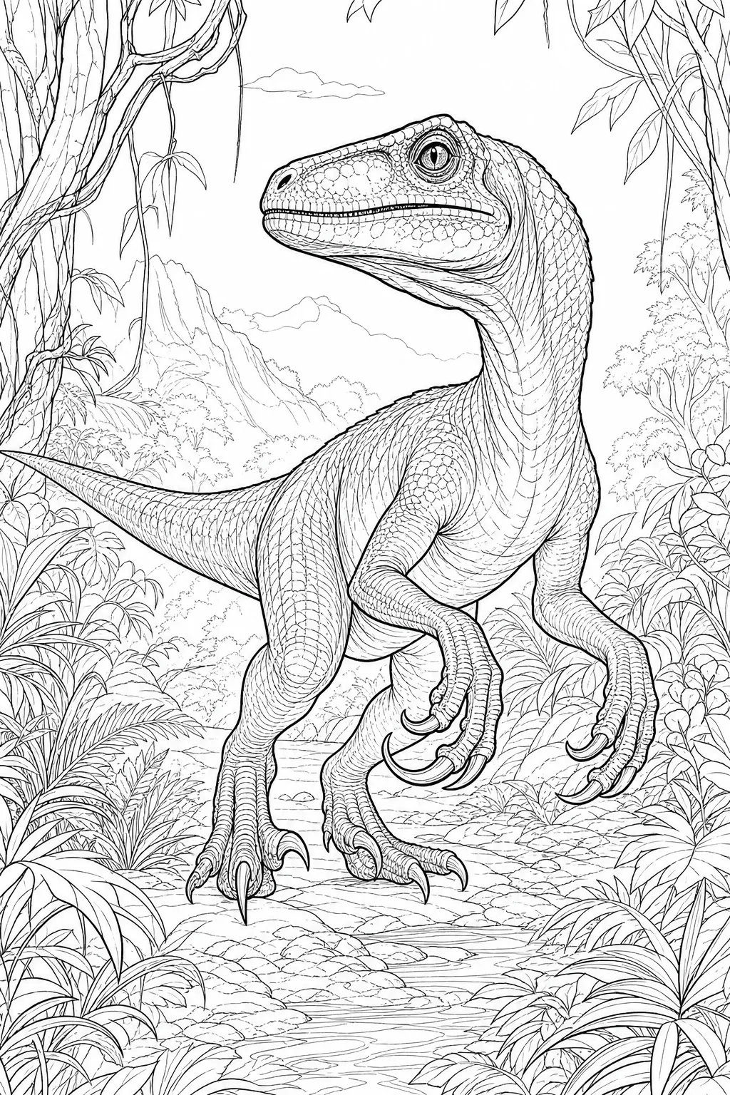coloring page for adults of a realistic Velociraptor