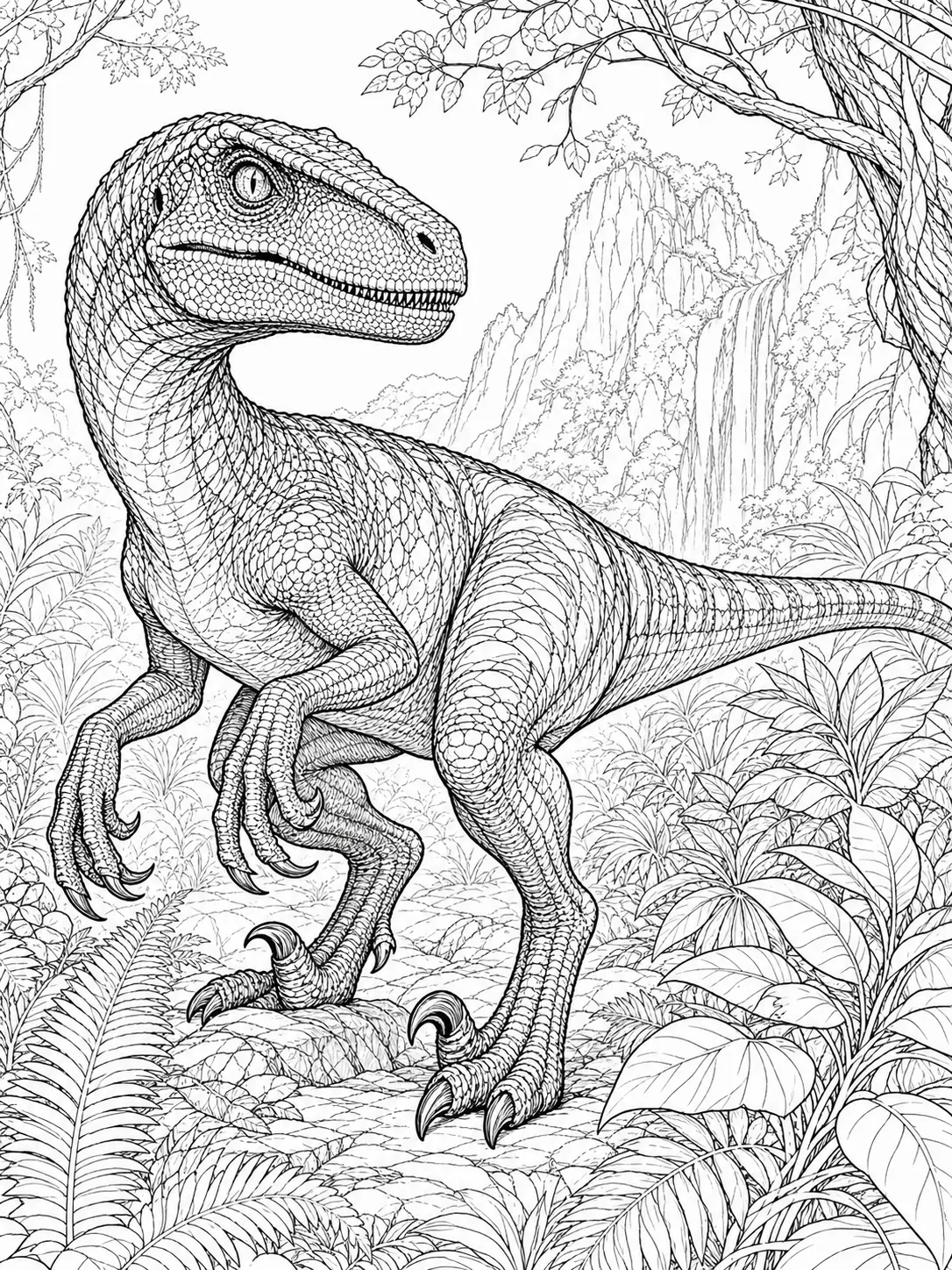 coloring page for adults of a realistic Velociraptor
