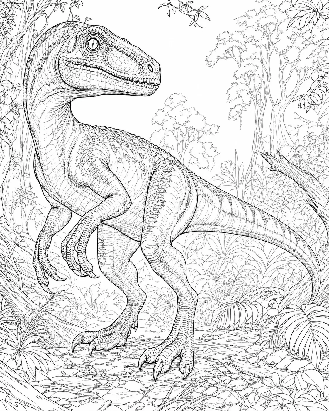 coloring page for adults of a realistic Velociraptor