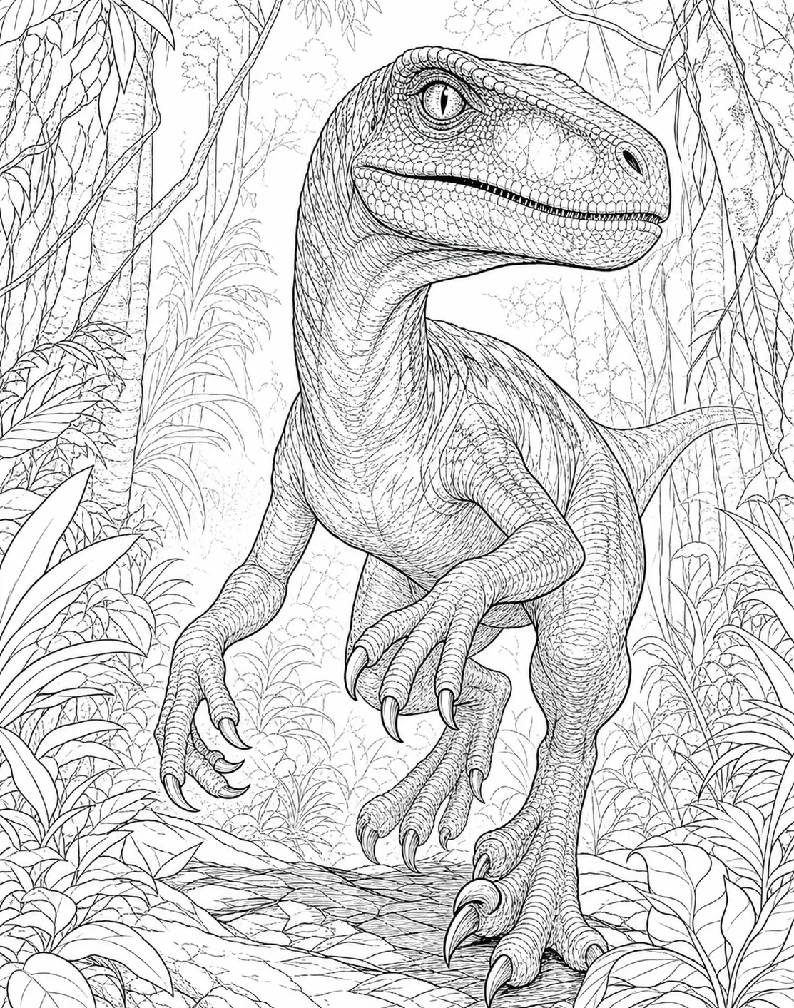 coloring page for adults of a realistic Velociraptor
