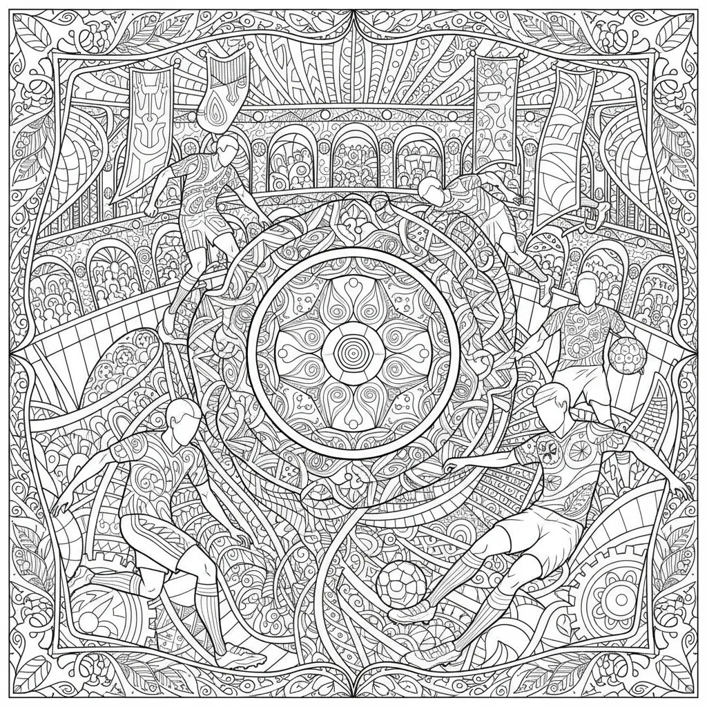 soccer coloring page for adults in a mandala style