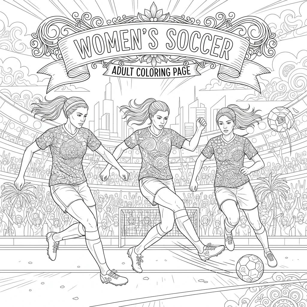 women's soccer coloring page for adults with intricate patterns