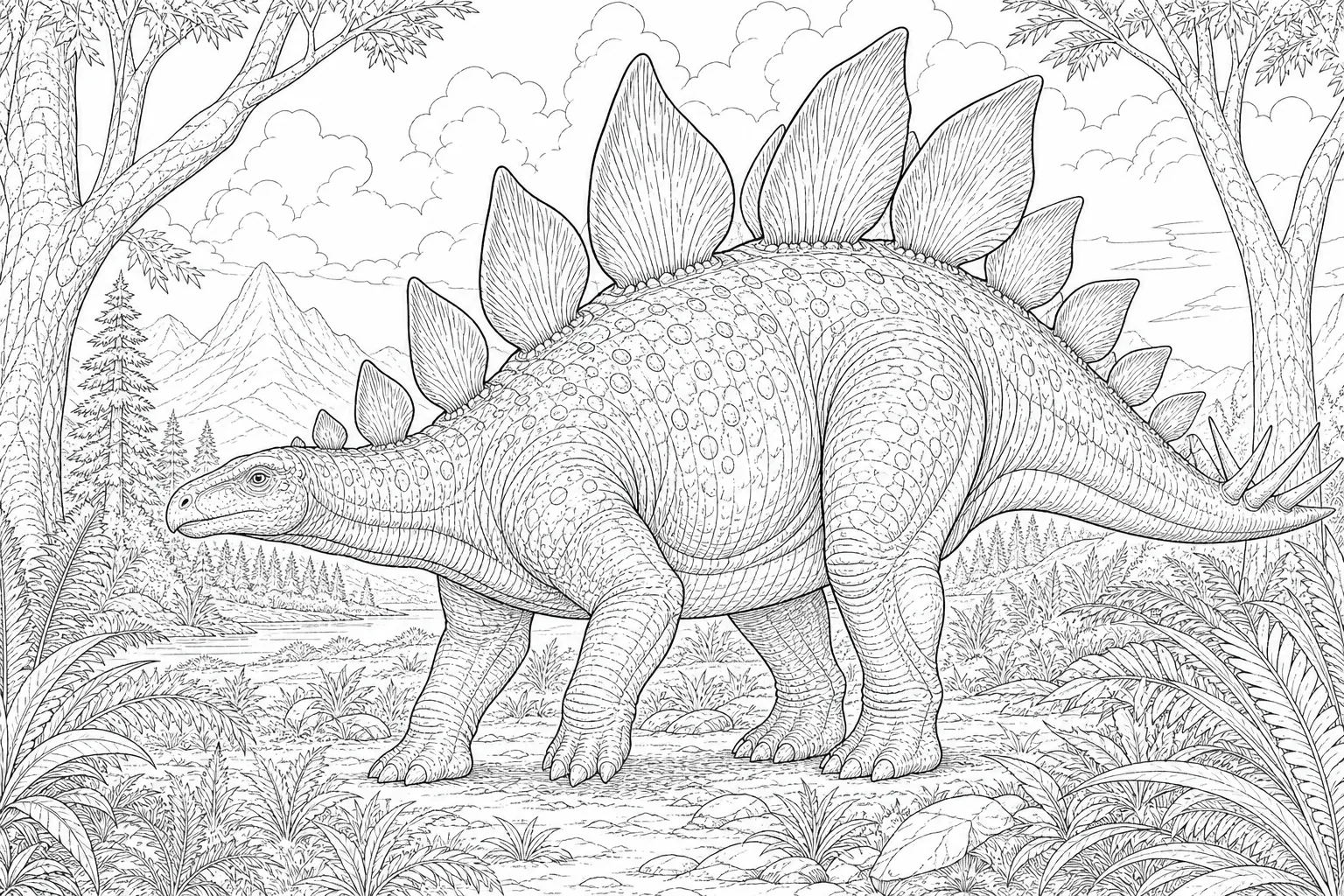 coloring page for adults of a realistic Stegosaurus