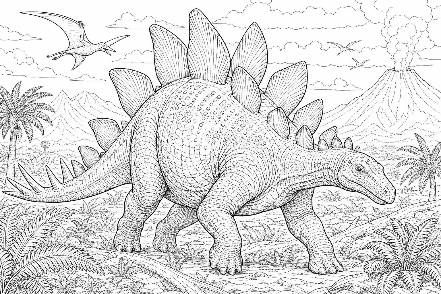 coloring page for adults of a realistic Stegosaurus