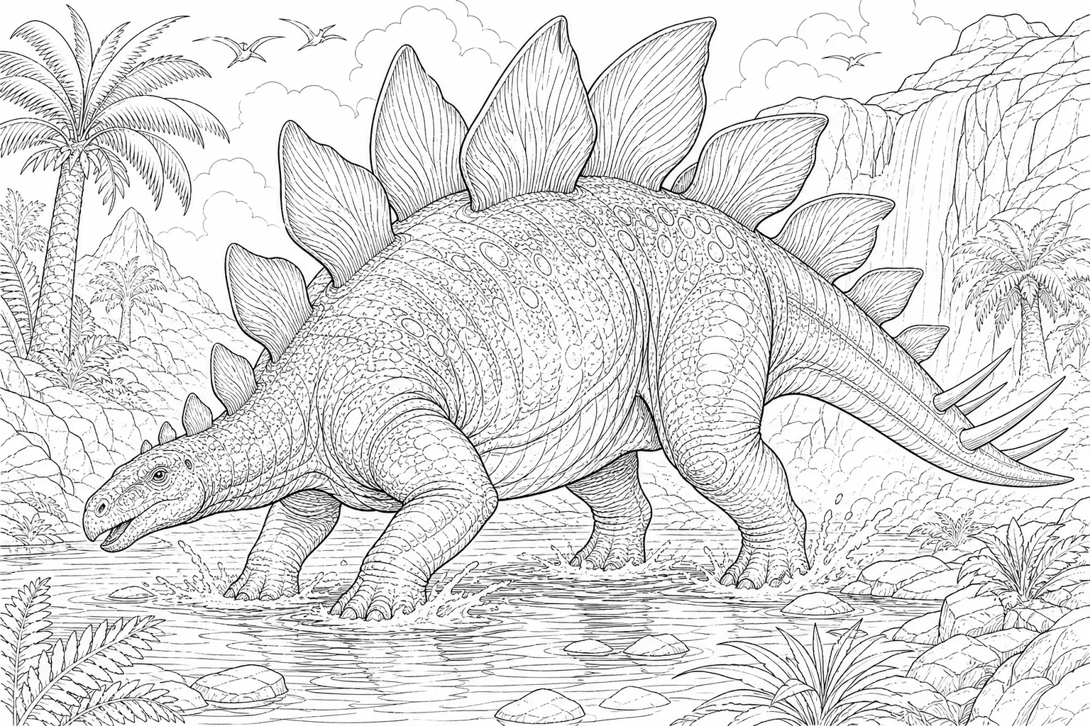 coloring page for adults of a realistic Stegosaurus
