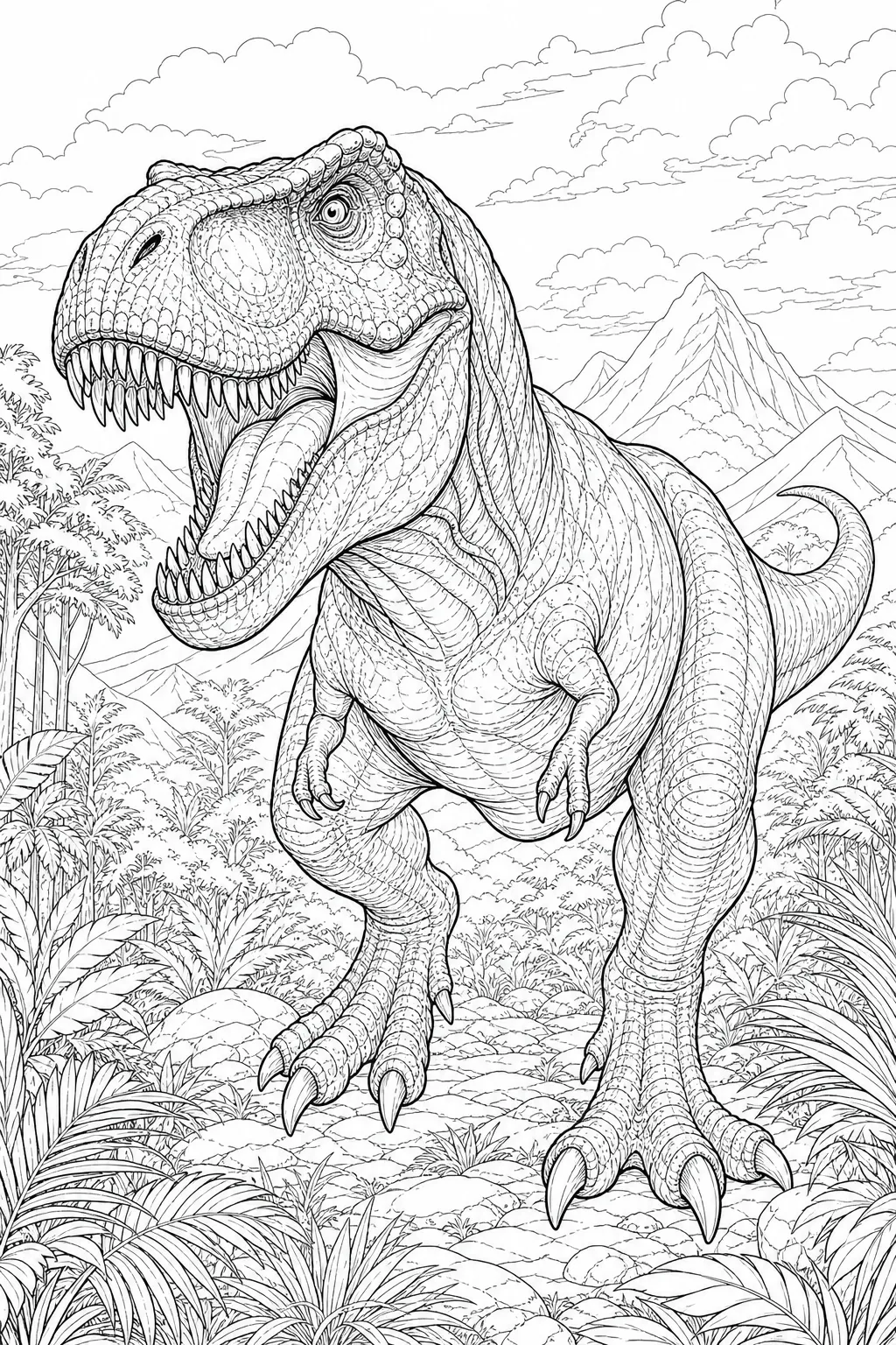 coloring page for adults of a realistic T-rex