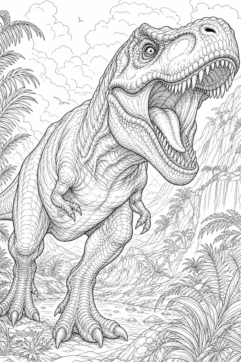 coloring page for adults of a realistic T-rex