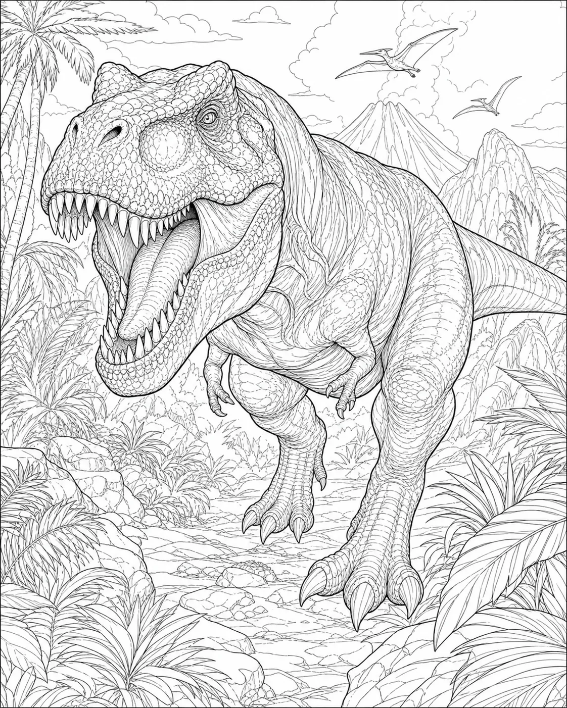 coloring page for adults of a realistic T-rex