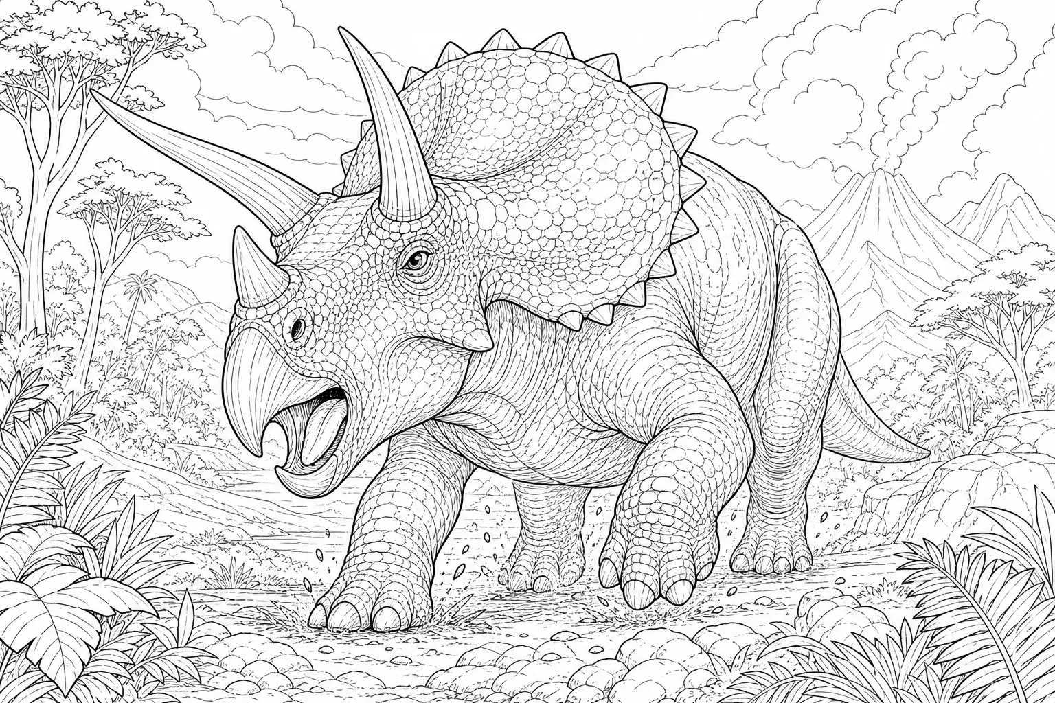 coloring page for adults of a realistic Triceratops