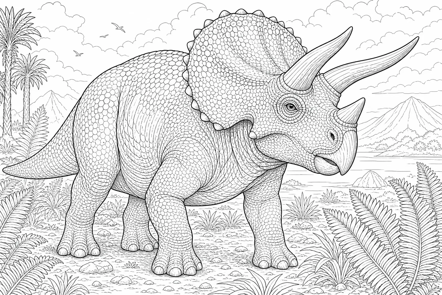coloring page for adults of a realistic Triceratops