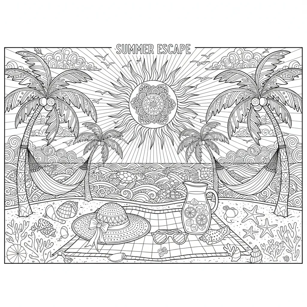 summer coloring page for adults featuring a summer vacation scene with intricate patterns