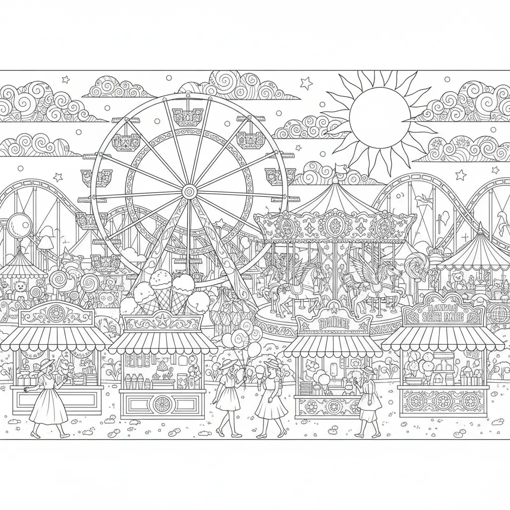 summer coloring page for adults featuring a state fair
