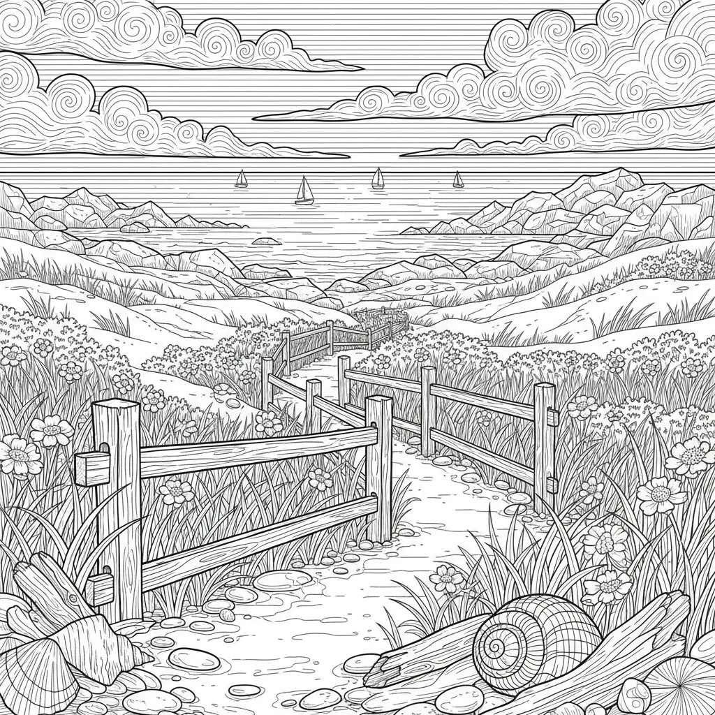summer coloring page for adults featuring a path down to a body of water