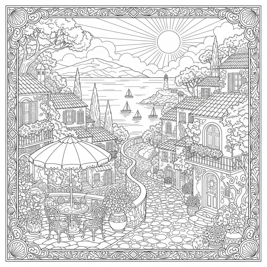 summer coloring page for adults featuring a European waterside town