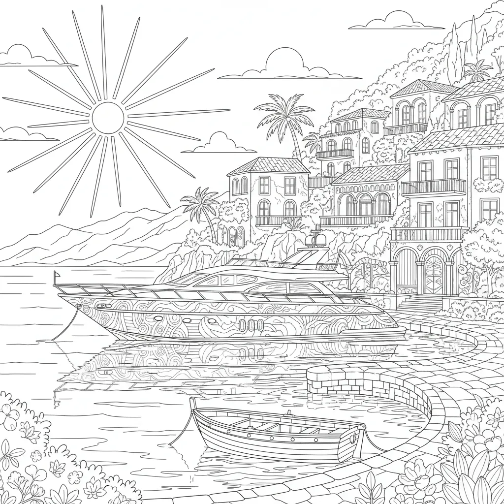 summer coloring page for adults featuring a european waterfront