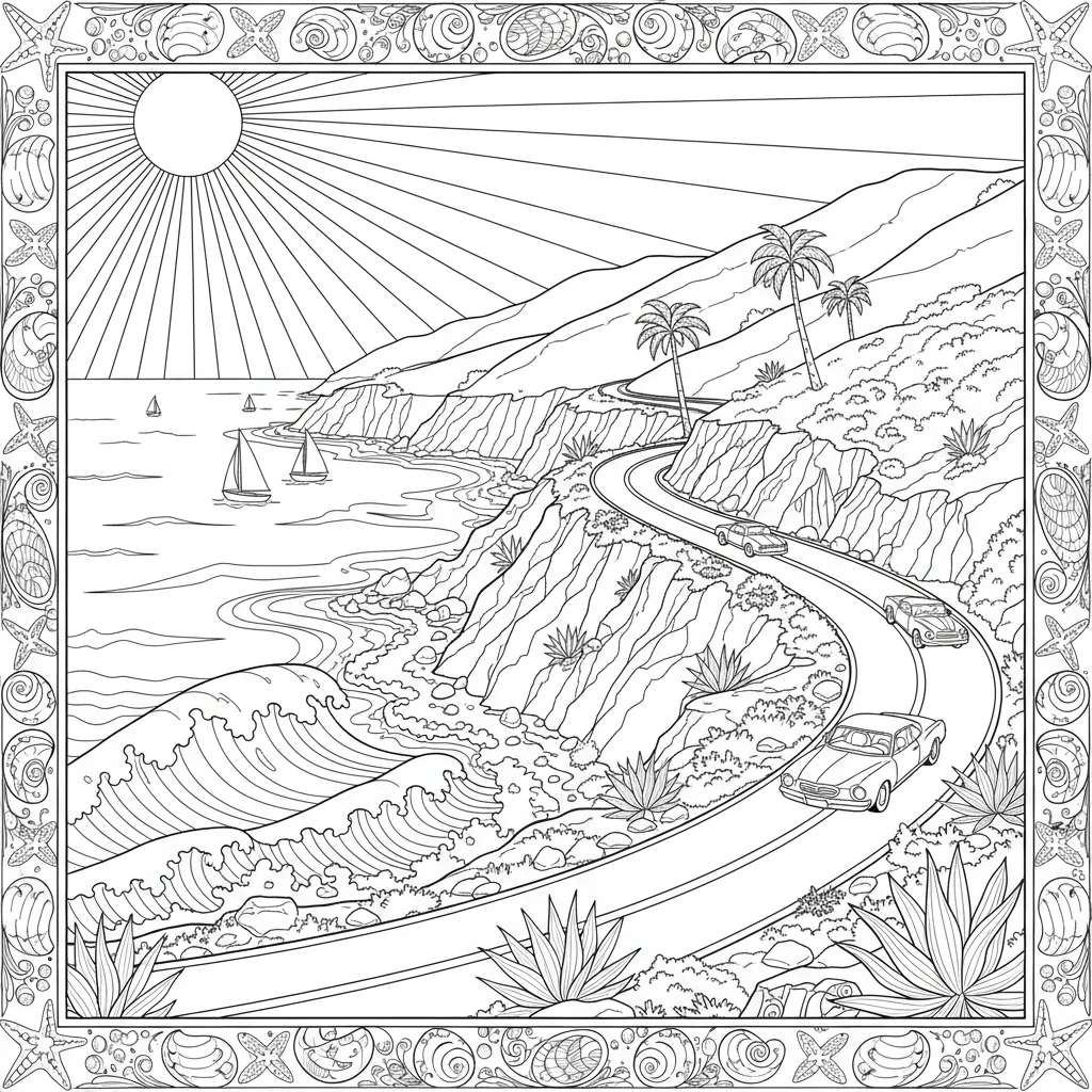 summer coloring page for adults featuring the pacific coast highway