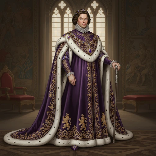 Ilustração de uma pessoa da realeza do século XVII, vestindo um suntuoso manto roxo com detalhes em dourado e branco. O fundo é o interior de um palácio real.