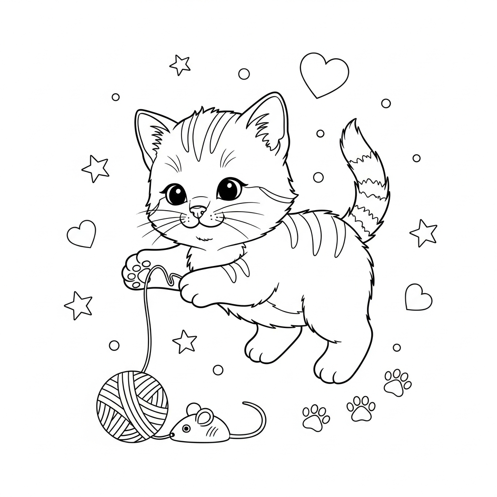 cute cat coloring page of a kitten playing with a ball of yarn