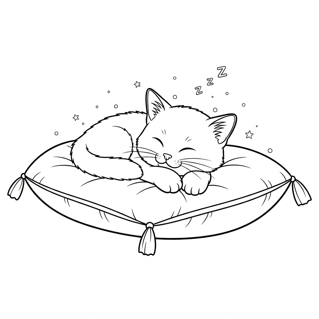 cute cat coloring page of a kitten curled up on a cushion