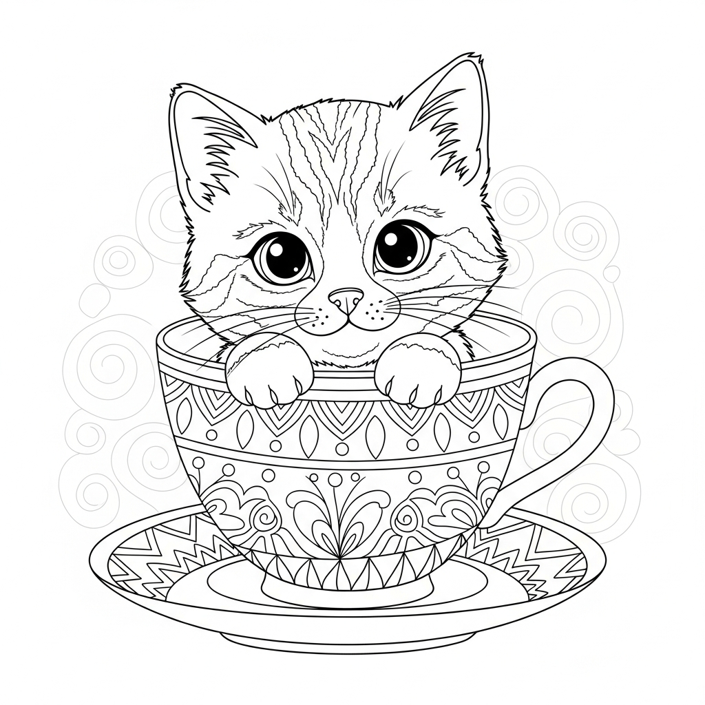 cute cat coloring page of a kitten in a teacup