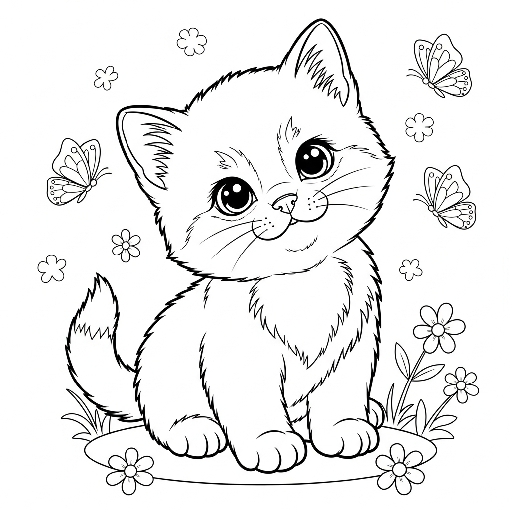 cute cat coloring page of a kitten surrounded by butterflies and flowers