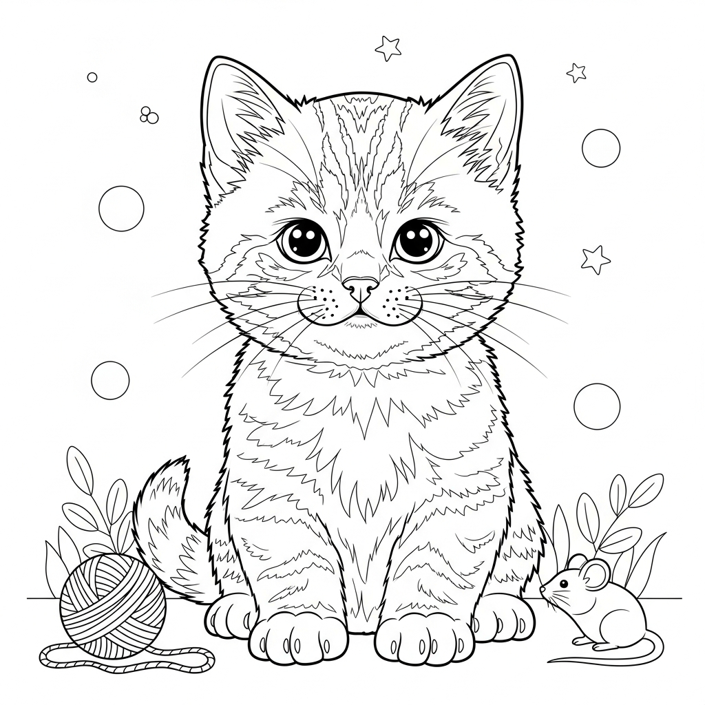 cute cat coloring page of a kitten with striped fur, a ball of yarn, and a mouse
