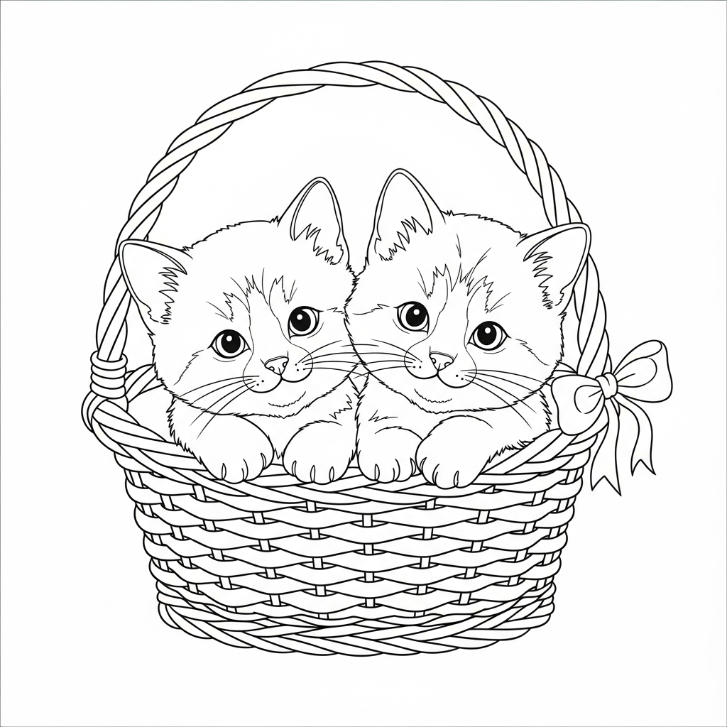 cute cat coloring page of two kittens in a basket