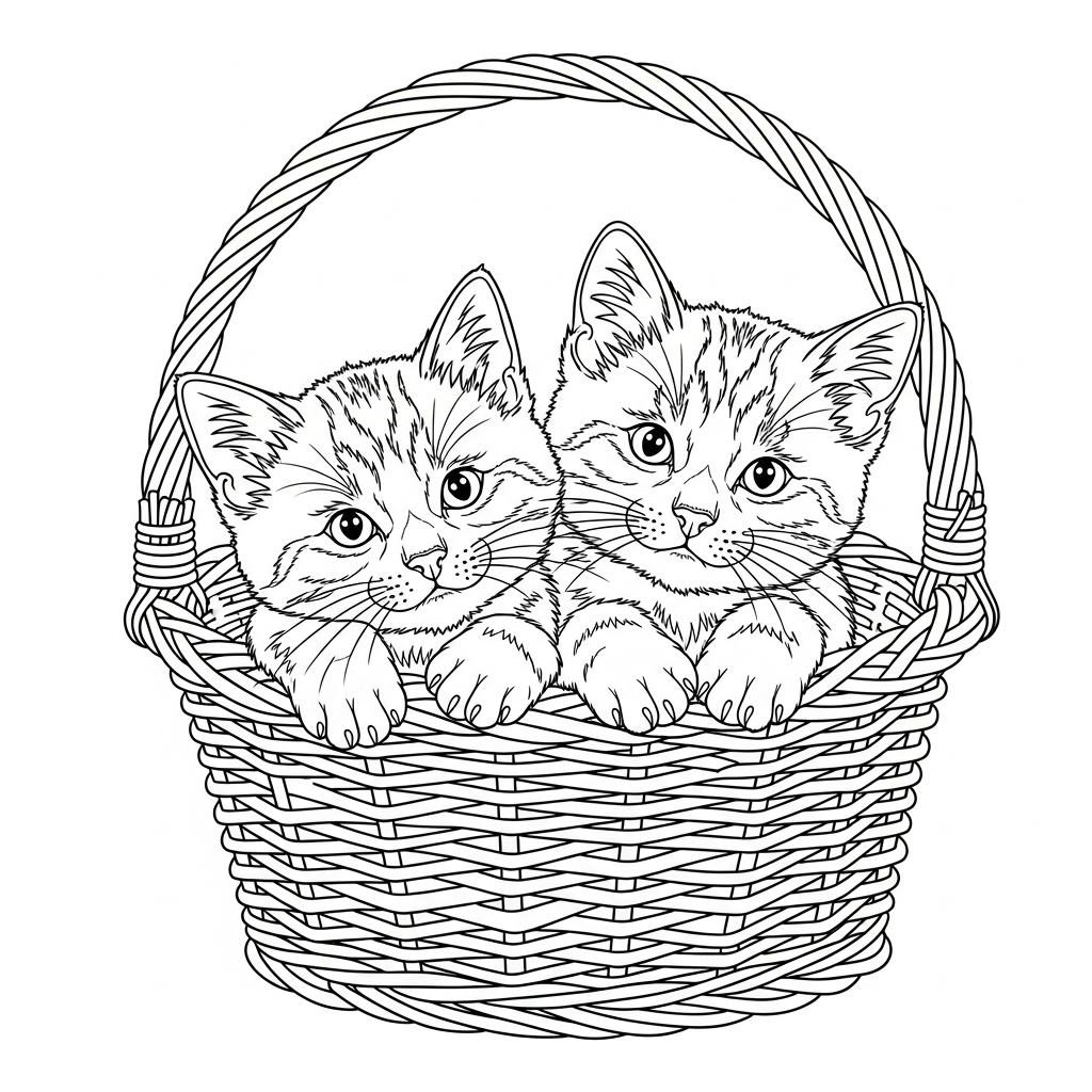 cute cat coloring page of two striped kittens in a basket