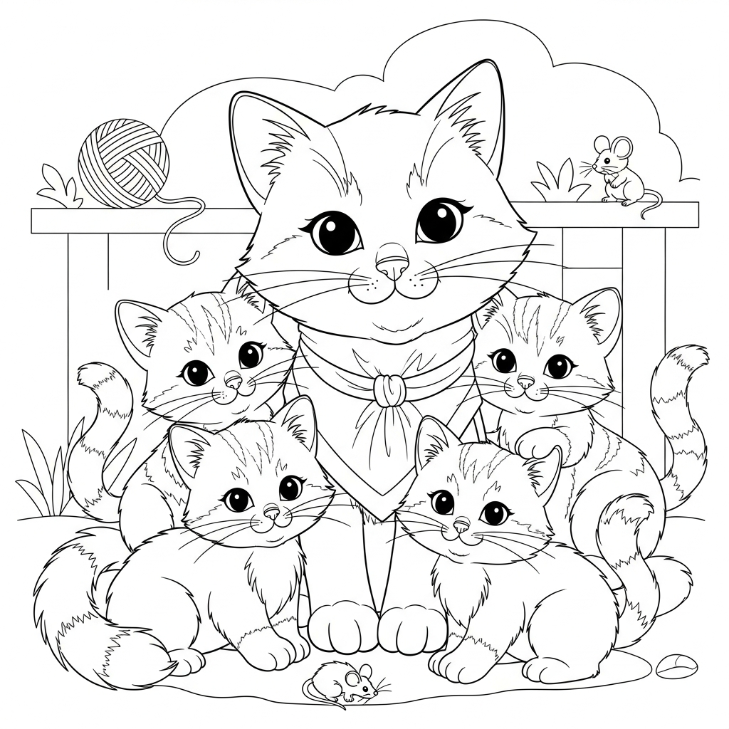 cute cat coloring page of an adult cat surrounded by four kittens