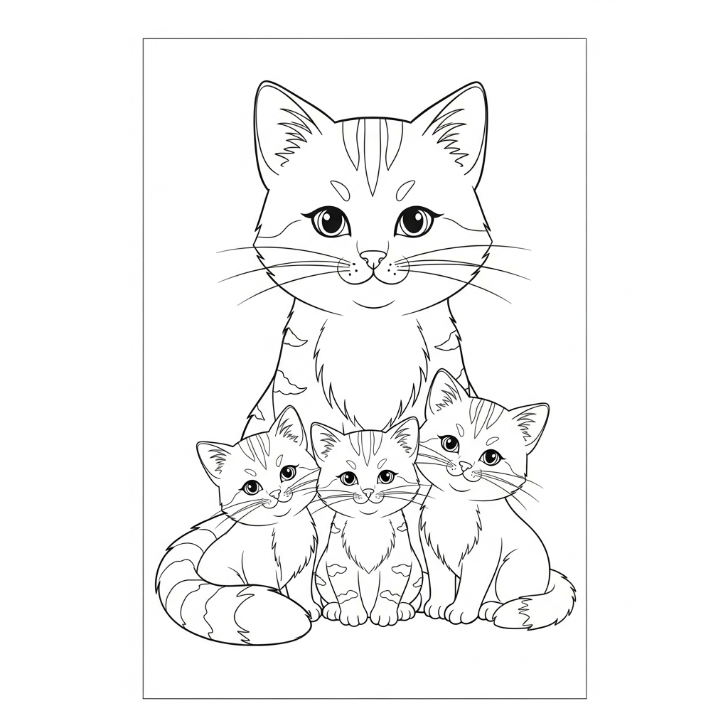 cute cat coloring page of an adult cat and three kittens