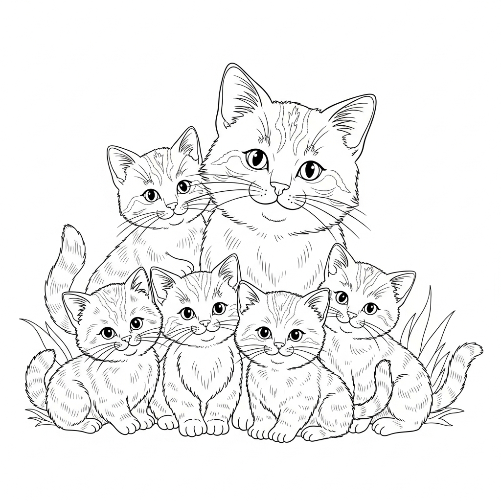 cute cat coloring page of an adult cat and five kittens