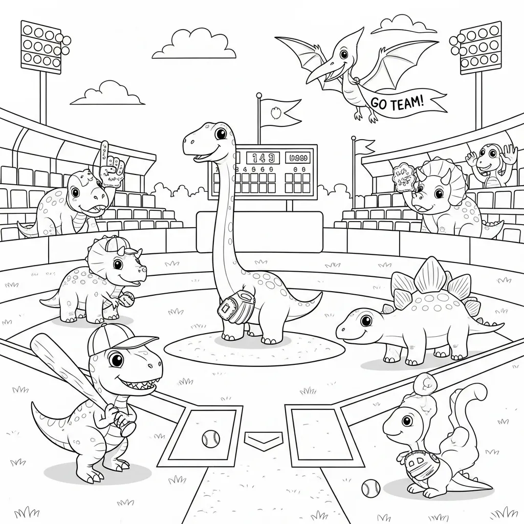cute dinosaur-themed coloring page of dinosaurs playing baseball