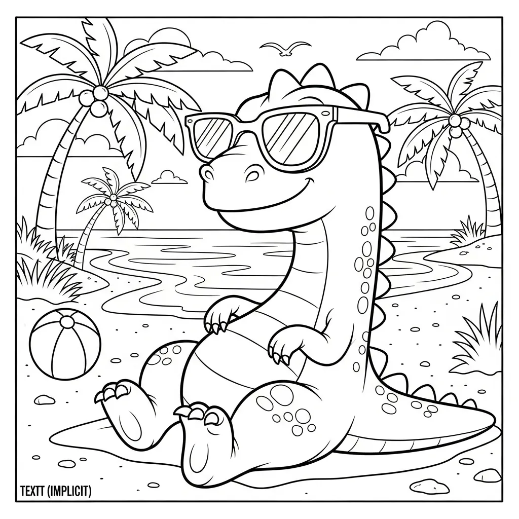cute dinosaur-themed coloring page of a dinosaur wearing sunglasses and relaxing on the beach