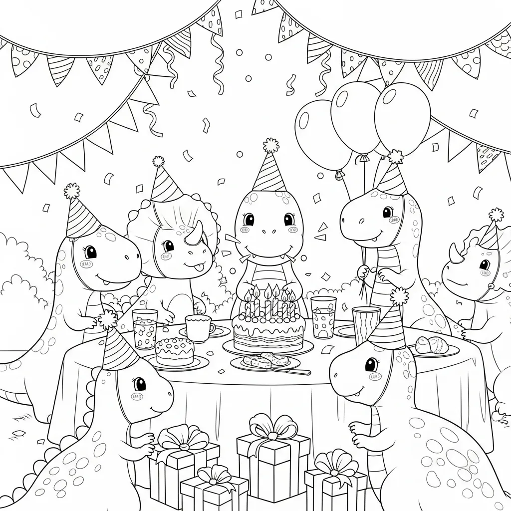cute dinosaur-themed coloring page of dinosaurs celebrating at a birthday party