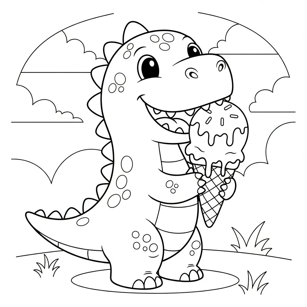 cute dinosaur-themed coloring page of a dinosaur eating an ice cream cone