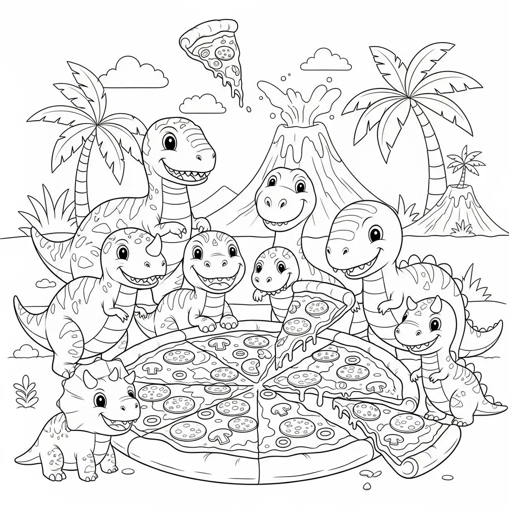 cute dinosaur-themed coloring page of dinosaurs eating pizza