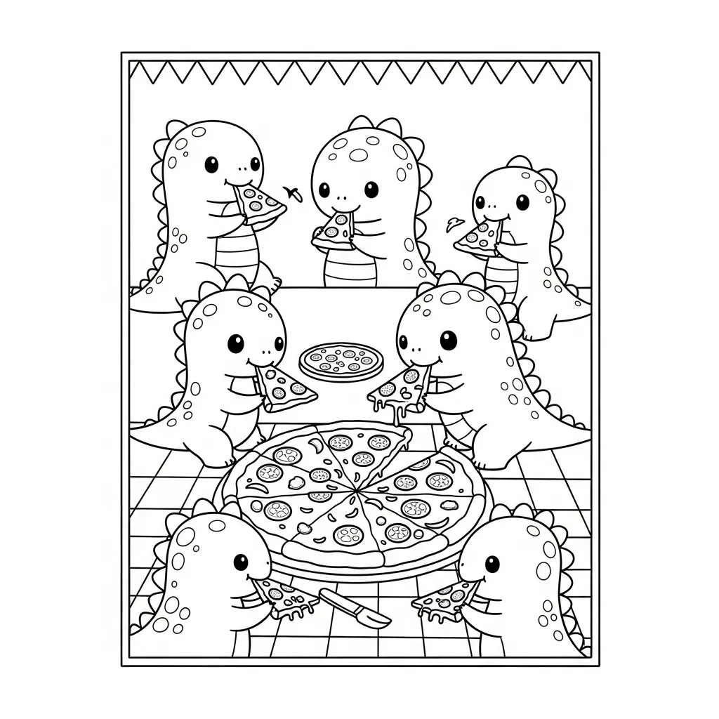 cute dinosaur-themed coloring page of baby dinosaurs eating pizza