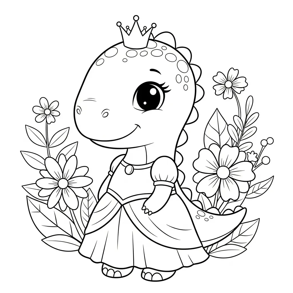 cute dinosaur-themed coloring page of a dinosaur dressed as a princess