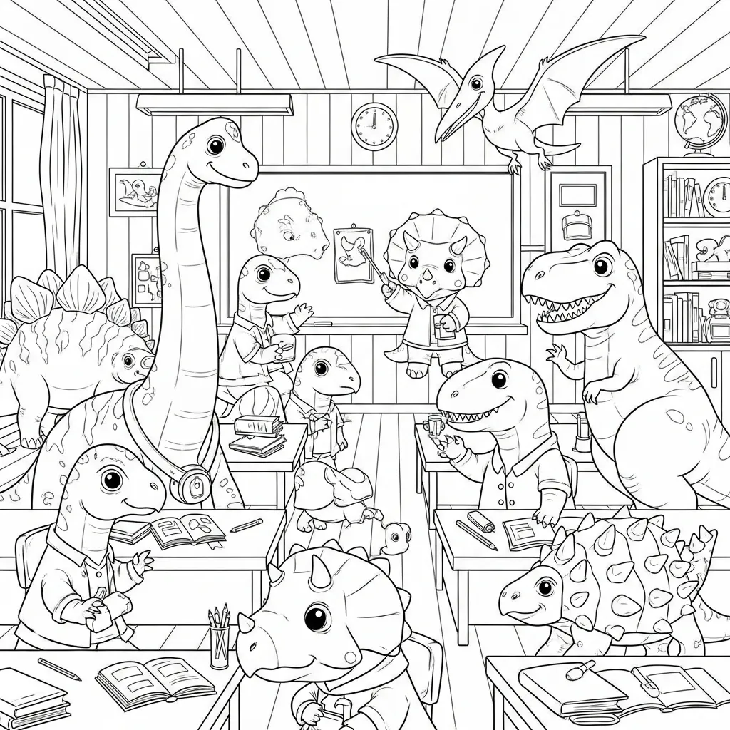 cute dinosaur-themed coloring page of dinosaurs in a classroom